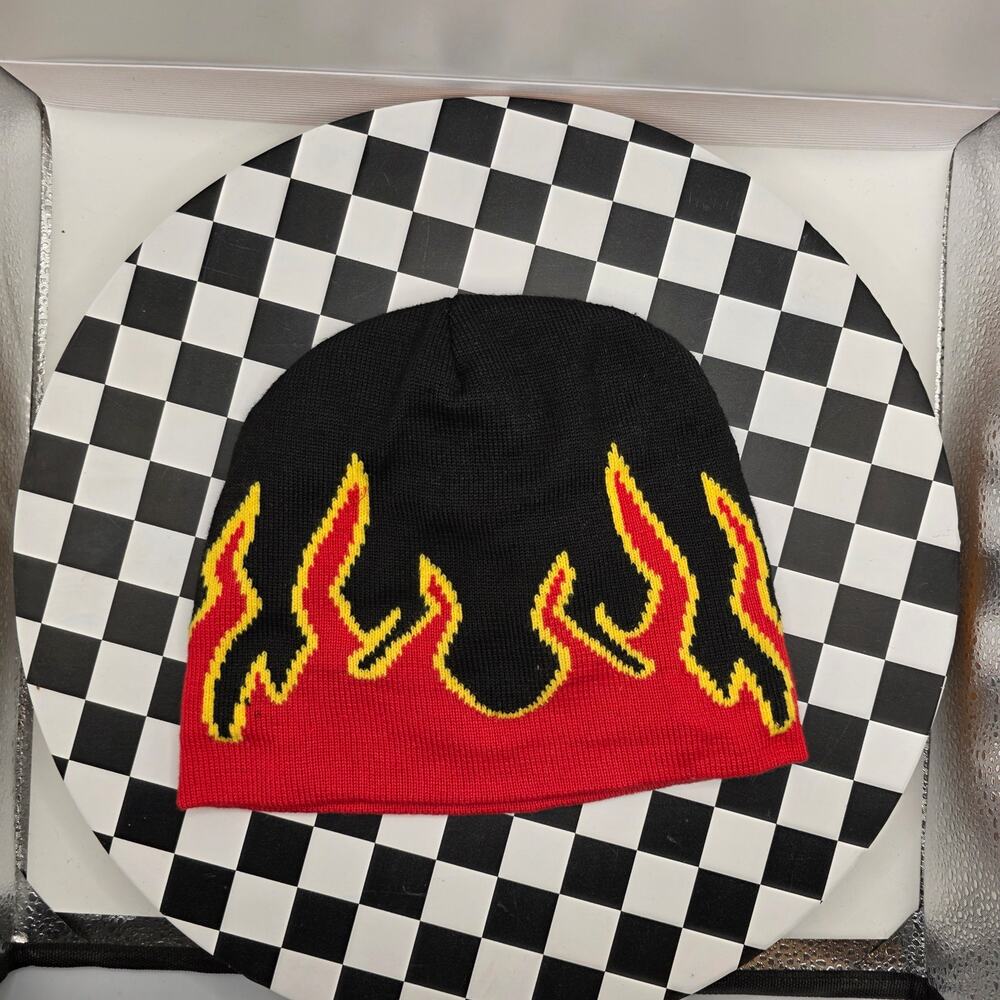 Vintage Style Flame Print Beanie Hat Black Red Yellow Y2K Skater Unbranded‎ - Picture 2 of 2